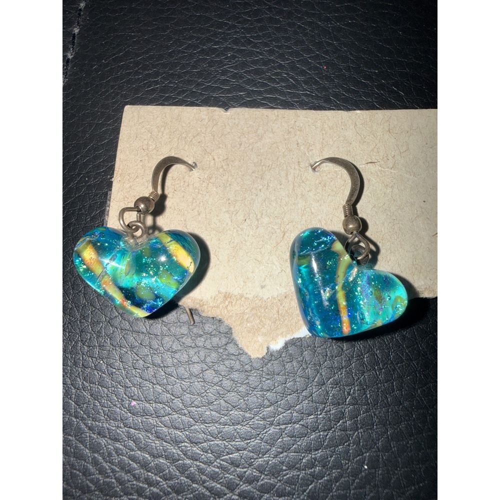 Blue Art‎ Glass Heart Dangle Earrings Turquoise Teal Dichroic Foil Swirl Hook